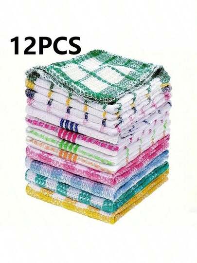 12条格子图案洗碗布 - 速干吸水厨房毛巾，适用于手洗；方形太空主题洗碗布，适用于客厅清洁和擦干，无需用电