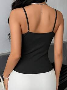 1 pieza Camiseta de mujer de punto acanalado de algodón con forro, top sin mangas ajustado informal con tirantes ajustables, adecuado para uso diario en verano - Negro - Ver 5
