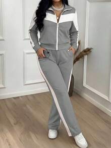 2pcs Women's Color Block Zipper Jacket And Casual Pants Set, Sports Style, Suitable For Spring And Autumn - Grey - View 2