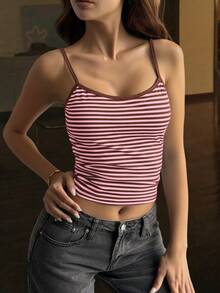 Vaiaye 女士时尚内衣风上衣，春夏条纹印花圆领修身休闲度假性感吊带背心，适合海滩度假和日常休闲穿着。 - 粉紅棕色 - 查看 7