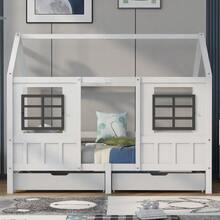 House Bed With 2 Drawers, Single Bed, Daybed, Children's Bed With 2 Windows, Pine Frame, MDF, White (200x90cm) - White + Solid Wood - View 8