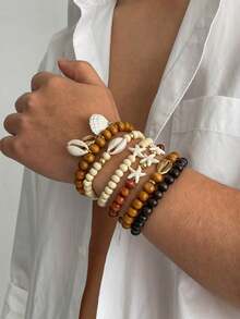 6件套波西米亚海洋风椰壳串珠手链套装，含海星和贝壳吊坠，男士沙滩派对假日魅力饰品 - 彩色 - 查看 2