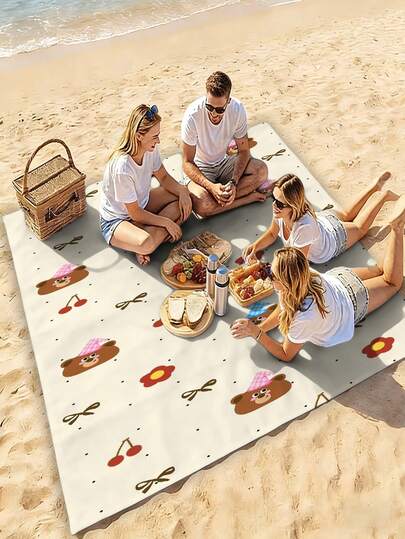 1pc Teddy Bear Birthday Picnic Blanket & Outdoor Mat - Beige With Brown Teddy Bear, Cake, Fruit Plaid Design, Foldable All-Weather Use For Camping, Home, Travel, Birthday Party Decor - Cute Animal Design - Easy To Clean Indoor/Outdoor Use - Birthday Picnic Camping Decor, Ideal Gift For Teddy Bear Lovers