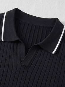 Men's Casual Vertical Ribbed Knit Polo Shirt, Contrast Trim Collar Short Sleeve Top - Black - View 7