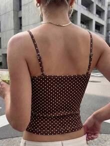 女款時尚上衣 春夏波點印花修身休閒度假細肩帶背心，夏季女款度假上衣 - 棕色 - 查看 4