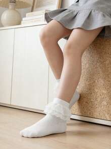 1 đôi tất mỏng màu trắng kiểu công chúa có ren xếp ly dành cho trẻ em/thanh thiếu niên. - trắng - Xem 2