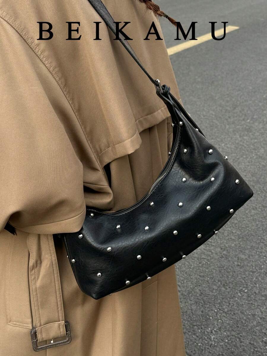 Bolso bandolera de moda BEIKAMU con decoración de remaches, correa de hombro ajustable, cierre con cremallera, versátil, adecuado para universidad, ir al trabajo, compras, paseos, uso diario - Negro - Ver 1