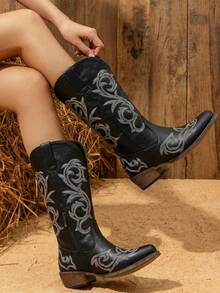 Women's 9808 White/Black Cowboy Boots For Women, Square Toe Cowgirl Boots, Western Embroidered Knee High Boot With Inner Zipper Easy To Put On And Take Off - 黑色 - 查看 1