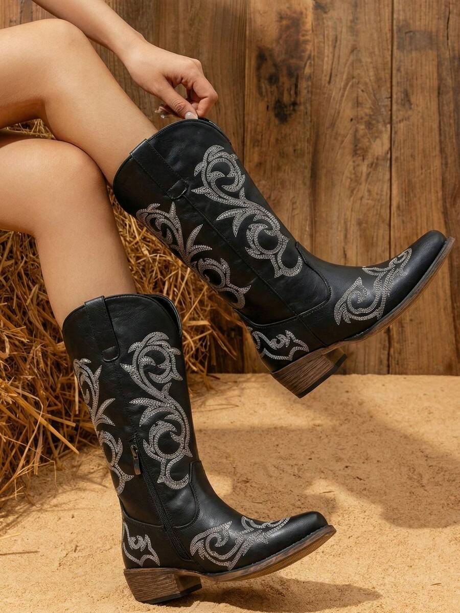 Women's 9808 White/Black Cowboy Boots For Women, Square Toe Cowgirl Boots, Western Embroidered Knee High Boot With Inner Zipper Easy To Put On And Take Off - 黑色 - 查看 1