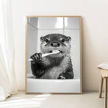 1pc Framed Canvas Wall Art, Interesting Otter Brushing Teeth Design, Vintage Bathroom Wall Decor, Minimalist Wall Decoration, Modern Art, Contemporary Home Decor, Living Room Wall Art, Fashion Art, Room Decoration, Dorm Decor, Bedroom, Bathroom, Home Decor, Office, Retro Poster, Dining Room, Aesthetic Art, Gift For Friends, Housewarming Gift, Party Decoration - Multicolor - View 1