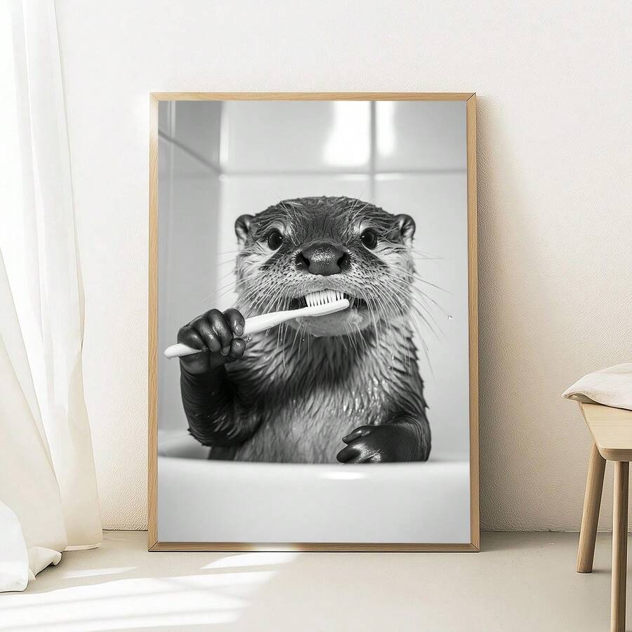 1pc Framed Canvas Wall Art, Interesting Otter Brushing Teeth Design, Vintage Bathroom Wall Decor, Minimalist Wall Decoration, Modern Art, Contemporary Home Decor, Living Room Wall Art, Fashion Art, Room Decoration, Dorm Decor, Bedroom, Bathroom, Home Decor, Office, Retro Poster, Dining Room, Aesthetic Art, Gift For Friends, Housewarming Gift, Party Decoration - Multicolor - View 1