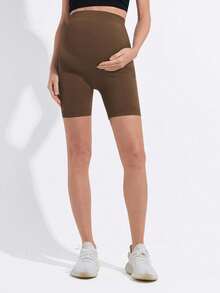 Maternity Seamless Solid Color High Waist Ribbed Waistband Non-Slip Leggings, Basic Fitted Sports Shorts Summer - Rust Brown - View 5