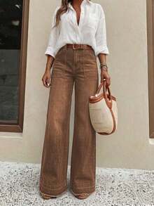 New Women's High-Quality Fashion Casual Loose Fit Denim Wide Leg Pants, Comfortable Fit, Suitable For All Seasons, Daily Stylish Outfit Spring - Brown - View 3