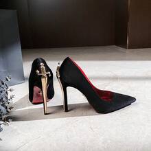 New Gold-Plated Scepter With Red Floral Pattern And Stiletto Heel, Elegant Black Patent Leather High Heels For Women. - Da bóng màu đen - (8 cm) - Xem 7