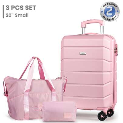 Carry-On Hand Suitcase Hard Shell Trolley, Lightweight Travel Cabin Luggage With TSA Lock And Durable 4 Spinner Wheels, 21 Inch + Travel Duffels Bag & Toiletry Bag-Pink