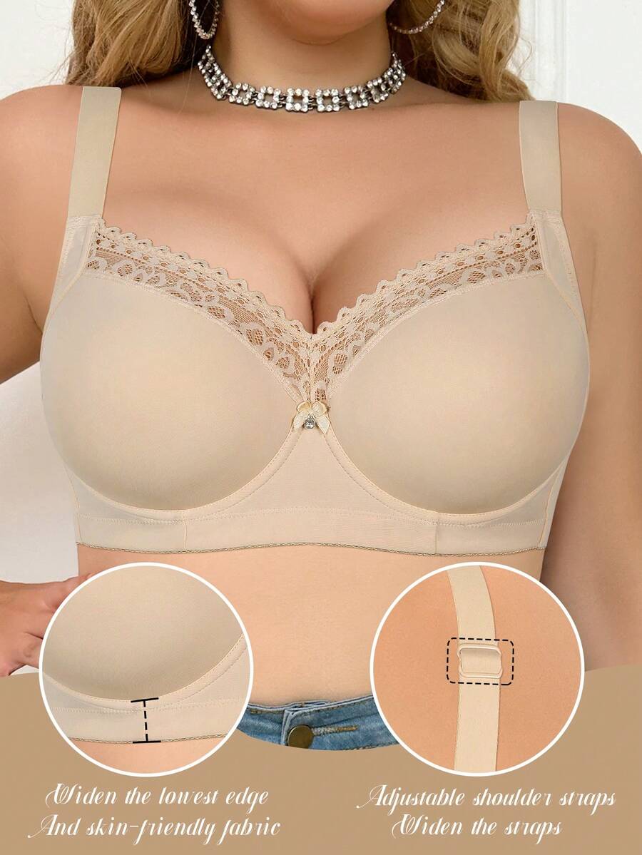 MIMILEMON Beige Lace Plus Size Bra, Comfortable & Versatile, Prevents Sagging
