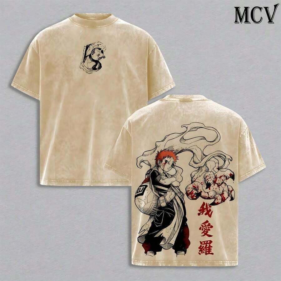 Gaara Vintage Washed Tee -  AnimeDouble Printed Graphic-Shirt, Unisex Anime Manga StreetwearHeavyweight Cotton Wash Tee, ForAnime Fans - 杏色 - 查看 1