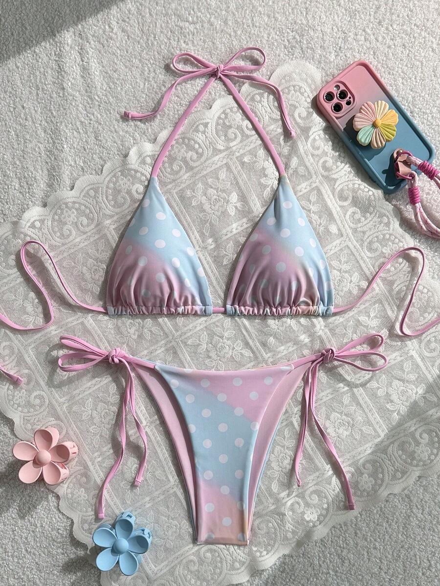 Conjunto de bikini de 2 piezas con estampado de lunares coloridos sexy 2026 para vacaciones playa verano - Multicolor - Ver 1