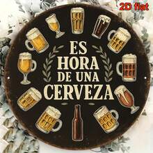 2D平面 1件 8x8英吋復古啤酒主題圓形裝飾牌，印有「Hora De Rveza」文字，適合鄉村風格，適用於酒吧、餐廳、居家酒窖、啤酒花園、派對和廚房，附預鑽孔（如尺寸表所示） - 多色 - 查看 1