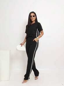 Premium Sweatsuit Casual Set With Wide Casual Pants And Side Stripe - 黑色 - 查看 8