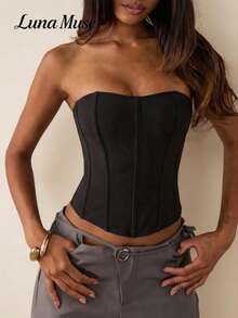 Luna Slim 女士秋冬新款时尚拉链束身胸衣，黑色紧身胸衣，性感复古鱼骨塑身衣，短款吊带露脐上衣，优雅修身高端，适合日常、派对、约会、街头、演出、户外、返校、朋克风、感恩节、音乐节、圣诞节、新年等场合。 - 黑色 - 查看 1