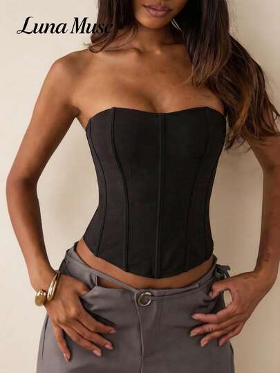 Luna Slim Women's Autumn/Winter New Fashion Zip-Up Bustier Top, Black Corset Bodice, Sexy Retro Fishbone Shapewear, Short Camisole Crop Top, Elegant Fitted High-End, Suitable For Daily, Party, Date, Street, Performance, Outdoor, Back To School, Punk Style, Thanksgiving, Music Festival, Christmas, New Year, Party