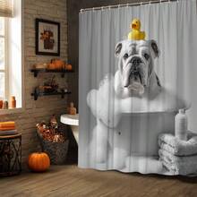 2D Flat  1pc A Bulldog-Themed Shower Curtain Featuring A Duck, Perfect For Adorning Your Bathroom. This Cute English Bulldog Design Is Made From Polyester Fabric, Measuring 70.8 By 70.8 Inches, And Comes With 12 Hooks. It'S Machine Washable - Only 1pc Shower Curtain - View 6