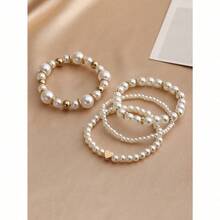 4pcsset Women Elegant Faux Pearl Beaded Bracelets Combination Fashion Party Accessories - trắng - Xem 5