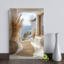 Cuadro en lienzo sin marco, 2D plano, 1 pieza, con un diseño 2D plano de una molinera costera, perfecto para decorar paredes. Esta escena de molinera de playa es un impresionante lienzo para la estética de la playa. - Enmarcado - Ver 4