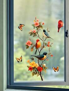 1pc Pastoral Floral & Bird Window Sticker, Butterfly & Flower Decor Adhesive Glass Sticker, Bedroom/Living Room Wall Decor Sticker, Exquisite Home Decor Sticker - B - View 1