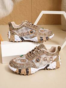 LiangJingJing Sepatu Sneakers Wanita Bertautan Rhinestone Berkilau dengan Sol Platform Empuk untuk Pemakaian Kasual Sehari-hari - Khaki - View 3