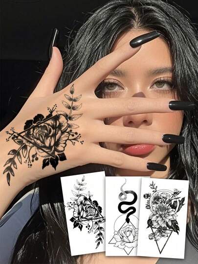 3张小号中性临时纹身贴纸，图案分别为玫瑰、几何和蛇。这些防水纹身贴纸可保持2-5天，可贴于手部、手臂、颈部、肩部、胸部、腰部、背部和腿部。是节日、派对、送礼、音乐节和情人节的理想之选。