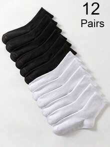12 Pairs Unisex Black & White Striped Breathable Moisture Wicking All-Match Daily Versatile Socks, Fall - 均碼 - 查看 2