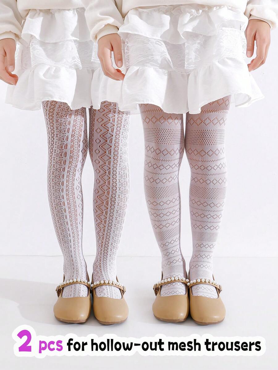 1 Set Girls' Diamond Jacquard Hollow Out Leggings, 2pcs Different Style Tight Fishnet Stockings, Suitable For Outfit In Spring/Summer