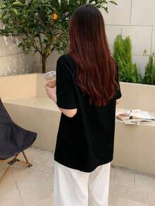 女士休闲卡通字母印花短袖圆领T恤，夏季 - 黑色 - 查看 2