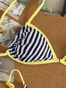Conjunto de bikini a rayas bohemio y sexy para mujer, traje de baño con escote en V, traje de baño de alta elasticidad, adecuado para la playa en vacaciones de verano - Multicolor - Ver 6