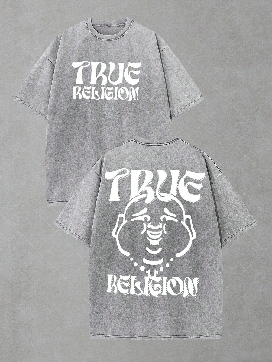 CHAOSHU True Religions Buddha Logo Distressed Oversized Graphic Tee Men's Short Sleeve Pure Cotton T-Shirt Loose Fit, Y2K Streetwear Vintage Casual Retro Aesthetic Baggy 100% Cotton Pullover Gift - 灰色 - 查看 1
