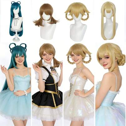 Chic Women's Synthetic Anime Cosplay Wig Collection, Multiple Styles: Blonde Braided Ring, Brown Pigtails, Blonde Bun, Teal Blue Long Straight Hair With Bow, Heat Resistant, Pre-Styled For Daily Wear, Holiday, Party, Princess Costume, Comic Con And Themed Events, Natural Looking, Beginner Friendly