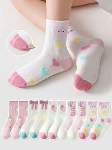 5双儿童袜子，卡通粉色蝴蝶结图案，女童幼儿袜，百搭日常休闲穿搭，心形和兔子图案 - 彩色 - 查看 2