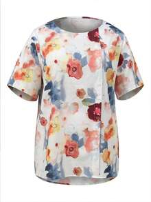 Plus Size Women Floral Print Round Neck Short Sleeve Button Design Casual Top Vacation - Multicolor - View 3