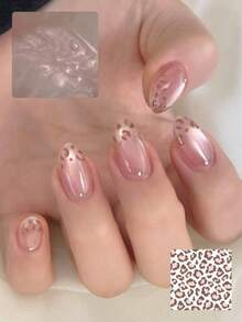 Eleva tu look, 24 piezas de uñas postizas de cobertura completa de estilo ojo de gato ovaladas cortas con brillo para mujeres, uñas con estampado de leopardo rosa con adornos de rhinestone, estilo de doncella cortesana simple y elegante de uñas de presión - Rosa Pálido - Ver 1