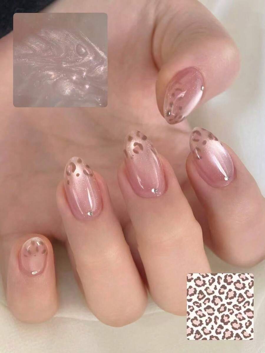 Eleva tu look, 24 piezas de uñas postizas de cobertura completa de estilo ojo de gato ovaladas cortas con brillo para mujeres, uñas con estampado de leopardo rosa con adornos de rhinestone, estilo de doncella cortesana simple y elegante de uñas de presión - Rosa Pálido - Ver 1