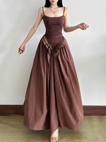 Vestido largo elegante y sencillo para mujer Kliou de verano, con tirantes finos, bajo acampanado, fruncido, ajustado, patchwork y espalda descubierta - Marrón - Ver 8