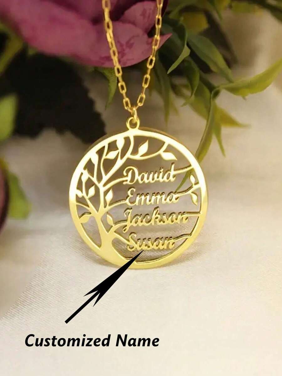 A Customized Personalized Tree Shaped Name Necklace Worth Having, A Multi Name Life Tree Circular Pendant Necklace, Family Member Name Jewelry
