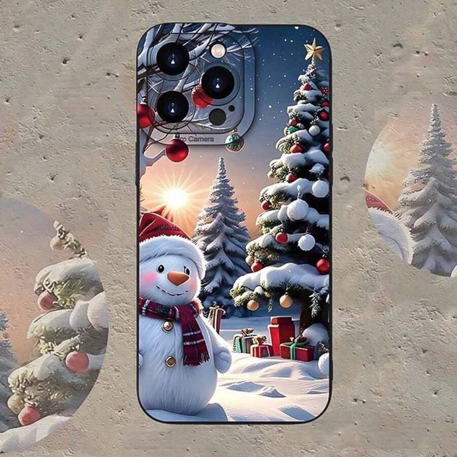 Cartoon Snowman Pattern Phone Case, Anti-Drop Cellphone Protective Case, Total Protective Shockproof Mobile Phone Cover For IPhone 16 15 14 13 12 Pro Max - 黑色 - 查看 1