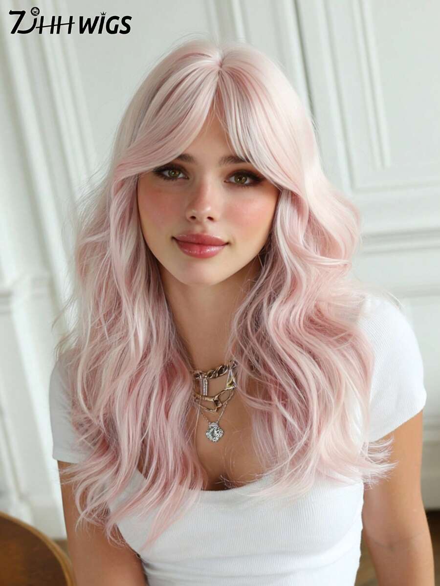 7JHH WIGS Medium Length Baby Pink Wavy Wigs For Women 20 Inch Loose Fluffy Wave Curly Curtain Bangs Wig, High Density Full Machine Heat Resistant Fiber Hair Synthetic Costume Wigs For Cosplay Wear,Halloween Carnival & Music Festival Party Wigs Accessories