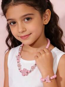 2pcs/Set Girls Sweet Cute Butterfly & Flower Beaded Necklace Jewelry Set, Suitable For Party, Gathering, Gift And Daily Wear - one-size - View 2
