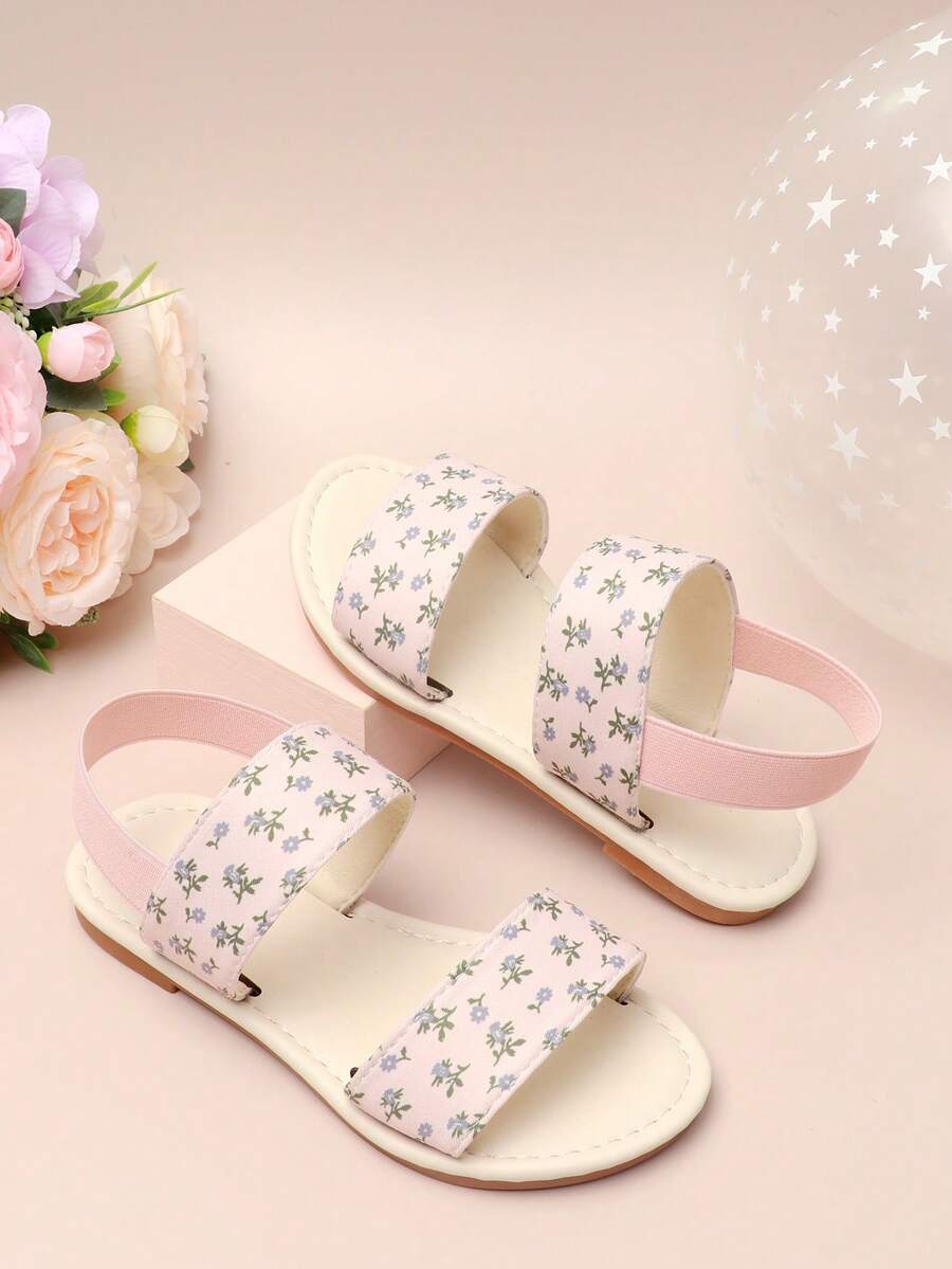 1 par de sandalias de verano con estampado floral ditsy para niños, con doble tira y tira elástica en la parte trasera, de punta abierta, planas y antideslizantes para la playa - Rosa - Ver 1
