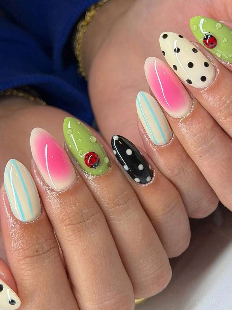 Bộ 24 miếng dán móng tay hình hạnh nhân dài, màu sắc Macaron với hạt gel 3D và họa tiết bọ rùa, sọc và chấm bi, vừa vặn hoàn hảo, bao gồm 1 gel dẻo và 1 dũa móng. Lý tưởng cho việc làm móng mùa hè, phù hợp cho phụ nữ và các cô gái sử dụng hàng ngày khi đi làm và dự tiệc. - Nhiều màu - Xem 1