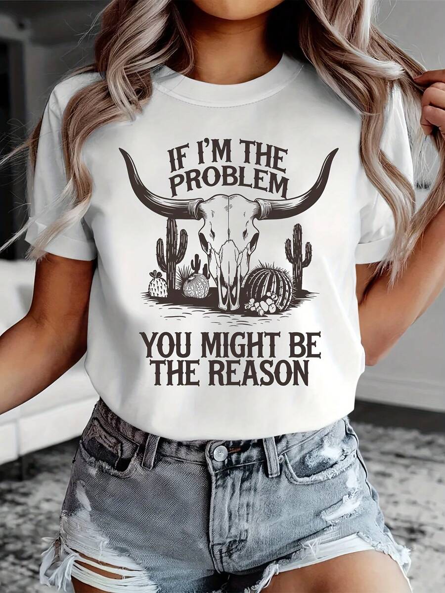 If I'm The Problem Summer Fashion Desert Cactus Bull Head Print Casual Women's Short Sleeve Shirt-New Autumn/Winter Collection: Unisex Relaxed Fit Long-Sleeve Crew Neck Sweatshirt - 白色 - 查看 1